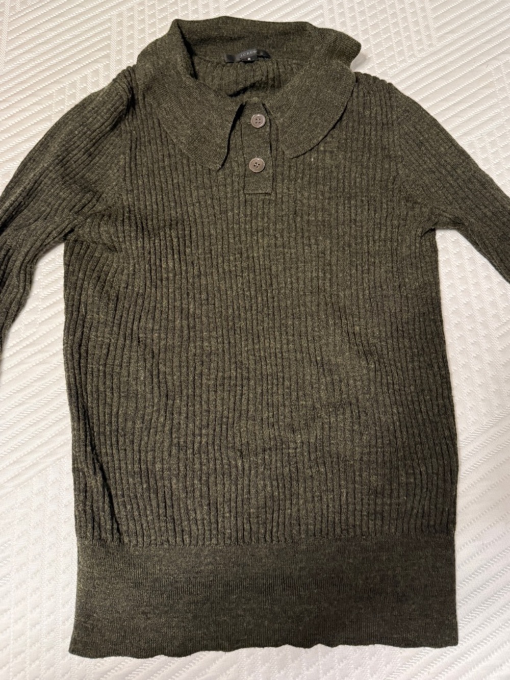 J. Crew Olive Ribbed V-Neck Sweater with Button Placket